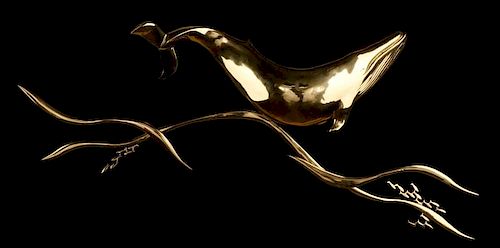 Jere Style Brass Whale & Fish Motif Wall Sculpture