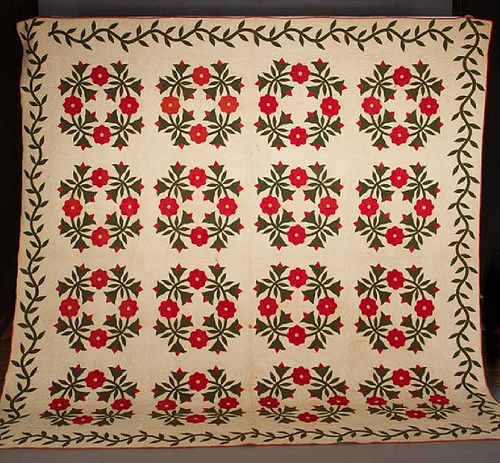 RED & GREEN WREATH QUILT, c. 1840