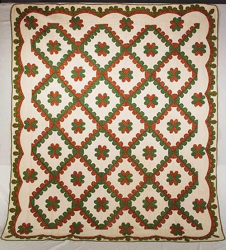 RED & GREEN CALICO APPLIQUE QUILT, 1860-1880