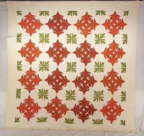 RED & GREEN CALICO APPLIQUE QUILT, 1900-1920