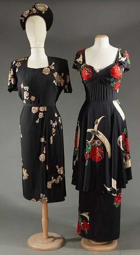 TWO PRINTED SILK DRESSES, 1940s