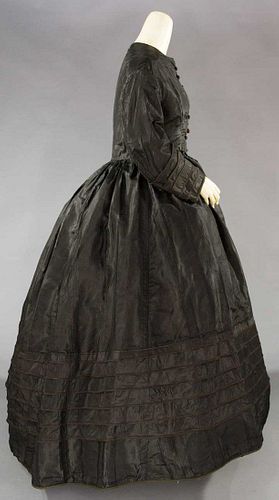BLACK SILK MOURNING DRESS, 1860s