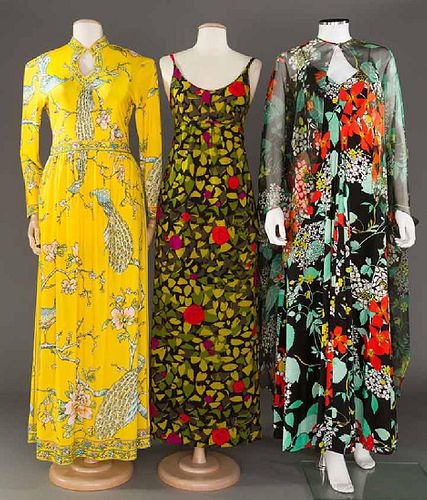 THREE PRINTED SILK GOWNS, 1970s