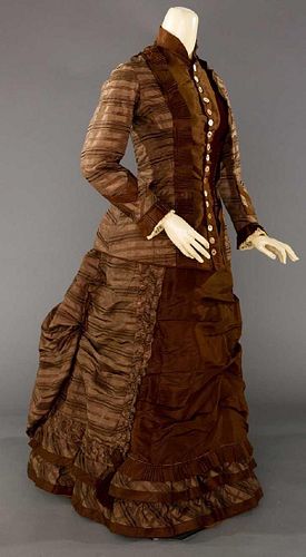 BROWN STRIPED SILK BUSTLE DRESS, 1870s