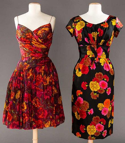 TWO RED FLORAL PARTY DRESSES, 1950s