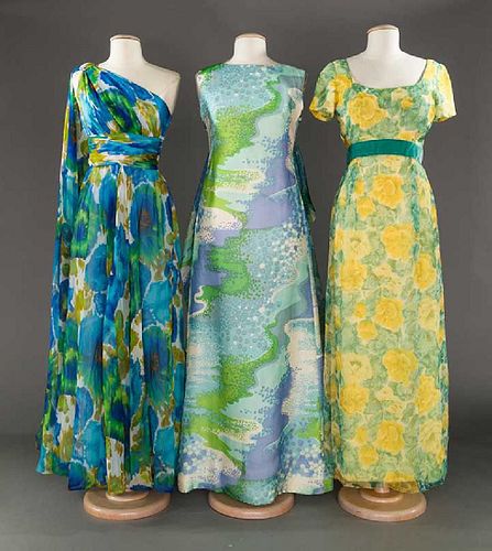 THREE BLUE OR YELLOW PRINT SUMMER GOWNS, 1960-1970s