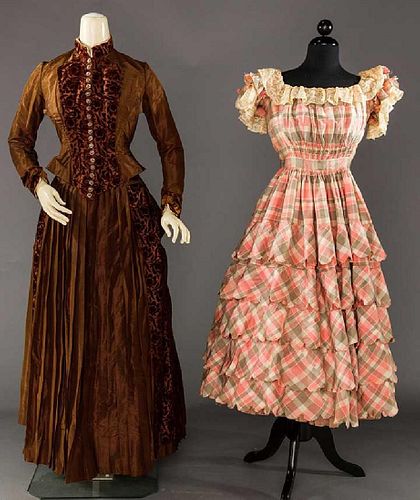 2 SILK DRESSES: 1 BUSTLE, 1880 & 1 PARTY, 1850