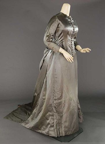 GREY SATIN TRAINED GOWN, 1880s