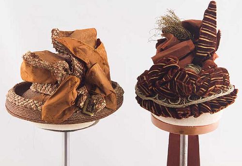 TWO SMALL BROWN HATS, 1870-1880s