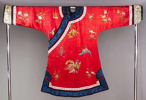EMBROIDERED RED SILK DAMASK COAT, CHINA