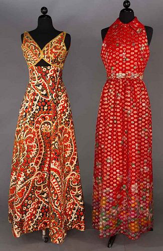 TWO DESIGNERS' BROCADE EVENING GOWNS, 1970