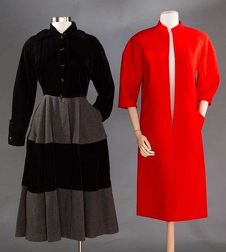 GIVENCHY RED WOOL COAT, 1980s & BLACK DRESS, 1950s