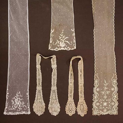 FIVE HAND MADE LACE SCARVES, 19TH C