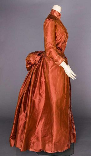 COPPER SILK BUSTLE DRESS, 1880s