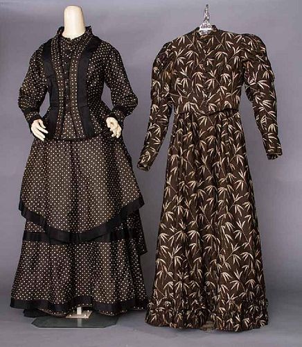 TWO PRINTED BROWN DRESSES, 1880-1890s