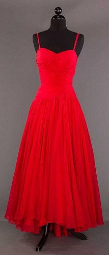 RED CHIFFON EVENING GOWN, 1950s