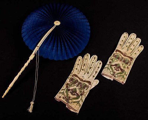 EMBROIDERED GLOVES & COCKADE FAN, 18TH C
