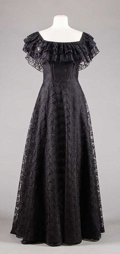 RUFFLED BLACK LACE GOWN, 1970s
