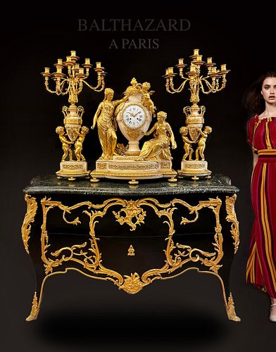 19th C. French Figural Bronze Marble Clock Set