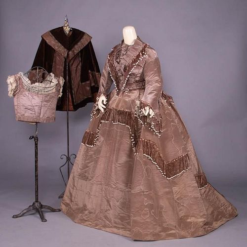 FIVE PIECE CONVERTIBLE GOWN W/ MATCHING CAPE, c. 1868