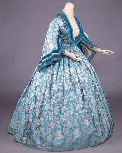 TWO PIECE PATTERNED SILK GOWN, c. 1860