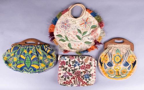 FOUR EMBROIDERED SOUVENIR BAGS, 1930-1950s