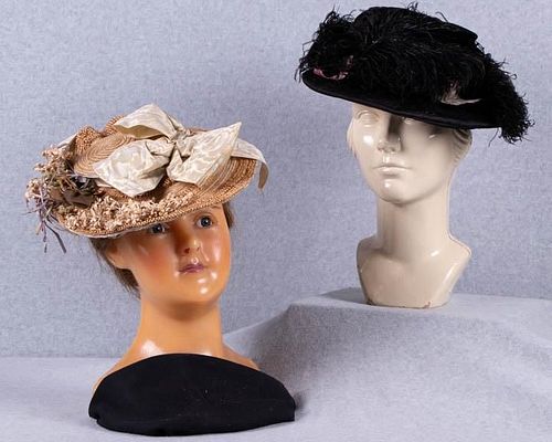 TWO LADIES BRIMMED & EMBELLISHED HATS, 1890-1900
