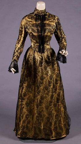 YELLOW SILK DAY DRESS W/ CHANTILLY LACE OVERLAY, 1880s