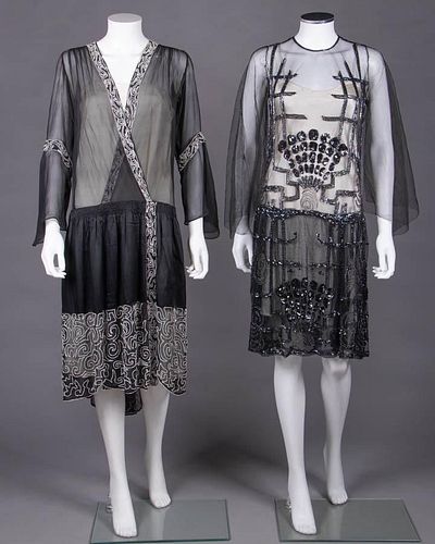 TWO BEADED OR SEQUINED EVENING DRESSES, MID 1920s