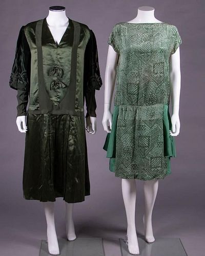 TWO GREEN CHIFFON VELVET DRESSES, 1920s