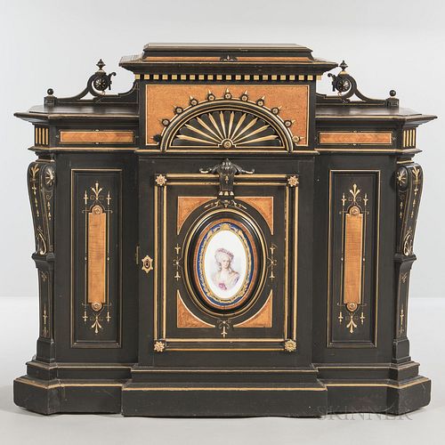 Renaissance-revival Ebonized, Maple, Porcelain-inset, and Parcel-gilt Cabinet