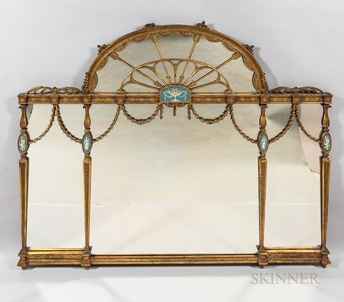Large George III-style Tripartite Giltwood and Jasper Plaque Overmantle Mirror