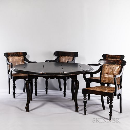 British Colonial-style Dining Table and Four Caned Open-arm Chairs