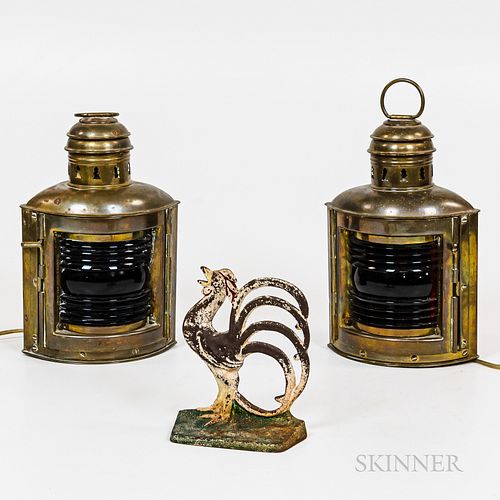 Pair of Port and Starboard Brass Lanterns and a Cast Iron Painted Rooster Doorstop