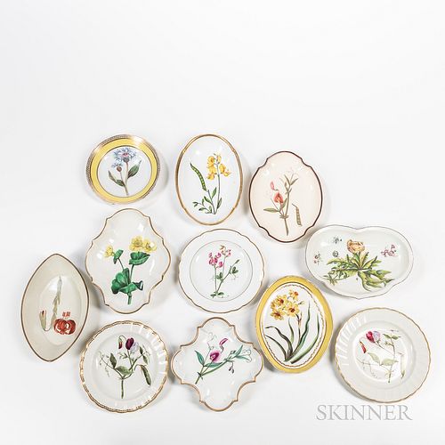 Eleven English Pottery and Porcelain Floral-decorated Dishes