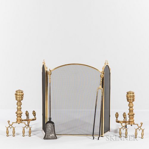 Pair of Brass Andirons, Fire Screen, and Two Fire Tools.