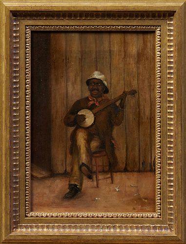 American School, "The Seated Banjo Player," 19th c., oil on canvas, unsigned, presented in a gilt frame, H.- 14 1/8 in., W.- 10 in., Framed H.- 18 1/4
