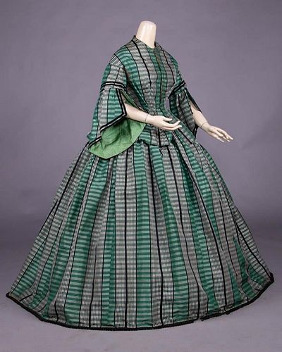 GREEN & BLACK PLAID TAFFETA DAY DRESS, 1857-1858