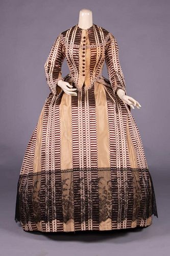 RIBBON PATTERNED SILK DAY DRESS, c. 1868