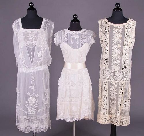 THREE EMBROIDERED NET & LACE TEA GOWNS, MID 1920s