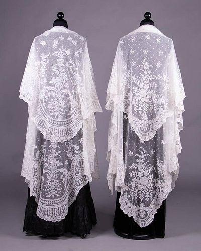 TWO WHITE CHANTILLY LACE SHAWLS, 1850s