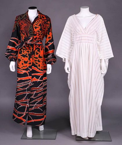 TWO DESIGNER HOSTESS DRESSES, FRANCE & AMERICA, 1970s