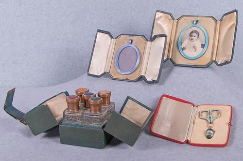 FOUR ENAMELED TRAVELING ACCESSORY SETS, AMERICA