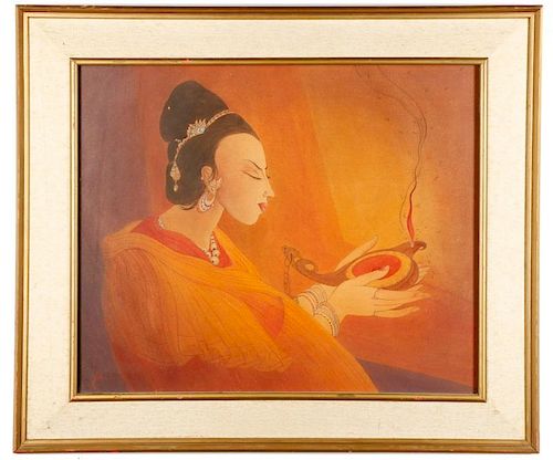 Chughtai, Woman with Oil Lamp, Signed Watercolor
