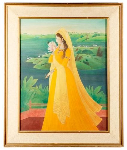Chughtai, Woman with Flower, Signed Watercolor