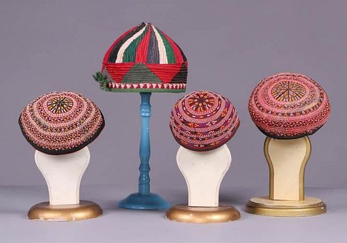 FOUR EMBROIDERED & QUILTED MANS HATS, TURKMENISTAN
