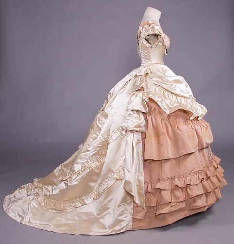 IVORY SILK SATIN TRAINED BALL GOWN, c. 1868