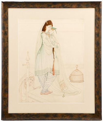 Chughtai, "Woman with Parrot" Watercolor