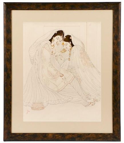 Chughtai Signed Watercolor, Two Sisters