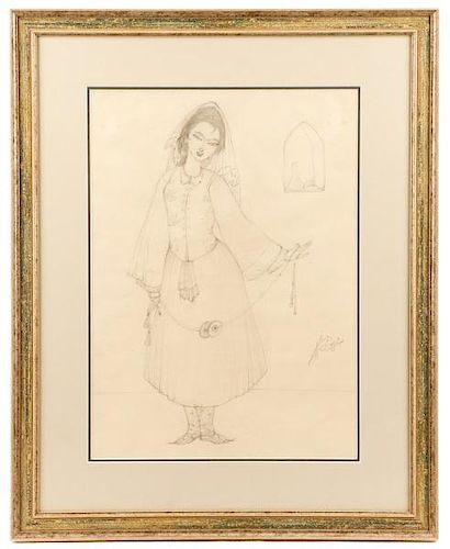 Chughtai, Signed Pencil Sketch of Young Woman